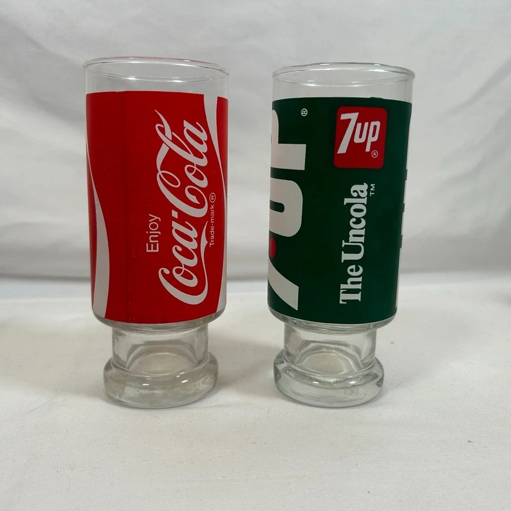 Vintage 70s 80s 7UP Coke Drinking Glass Retro Cup 12oz Pedestal Footed 6.5